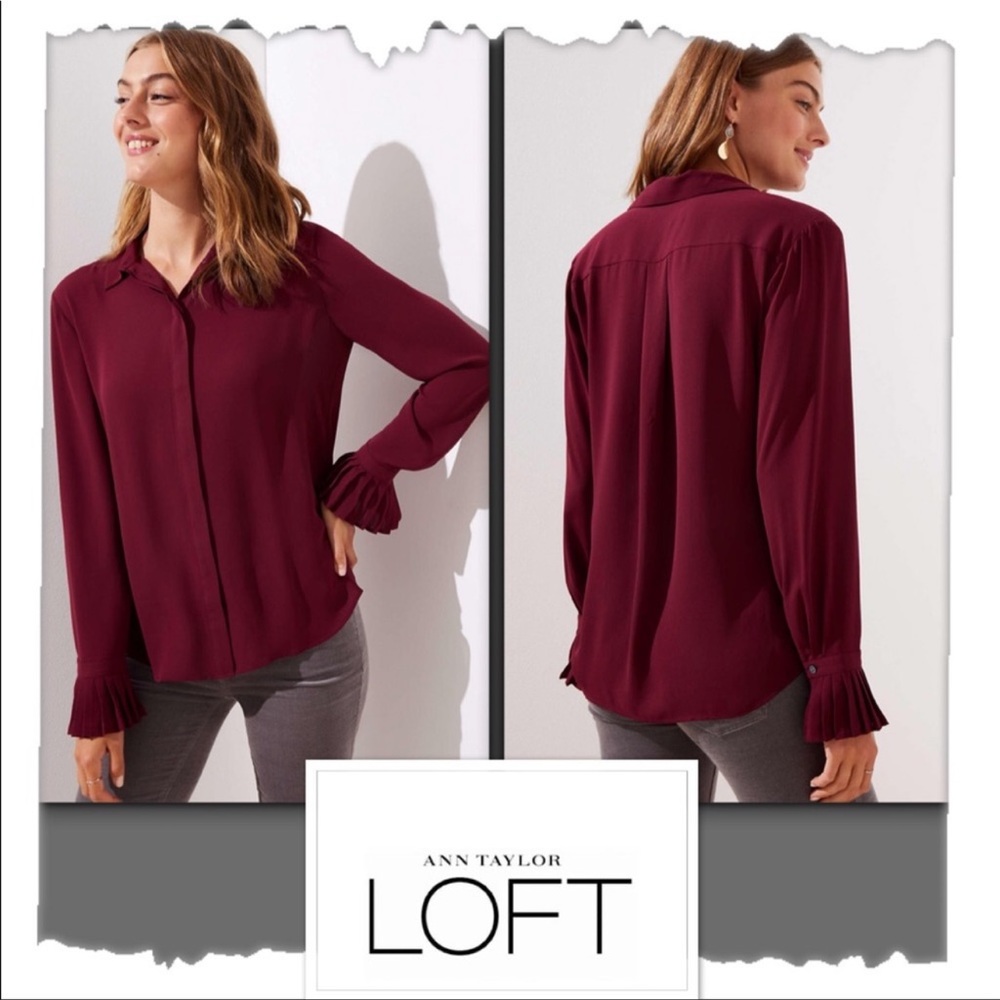 Loft Pleated Cuff Button Down Blouse Maroon - image 2